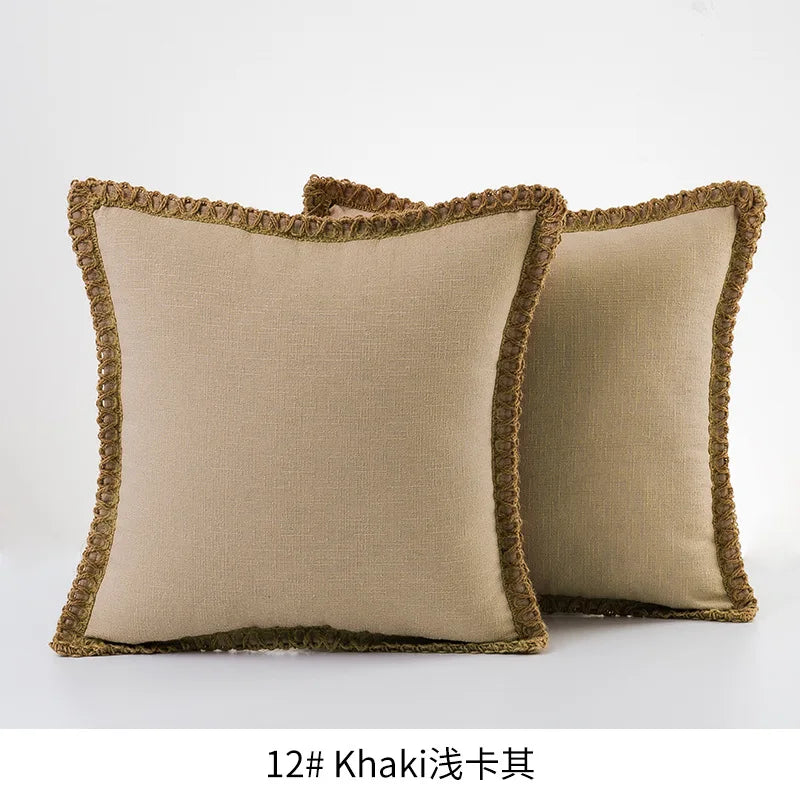 Solid Color Cotton Linen Pillow Cover with Jute Rope Trim Boho Decorative 45x45cm Cushion Pillow Case for Sofa Bed Living Room